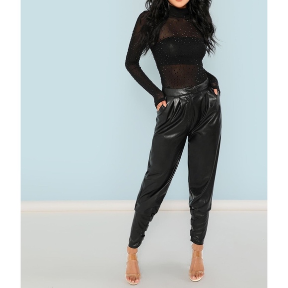 Black Long Sleeve Mesh Rhinestones Sheer Bodysuit - Picture 5 of 6